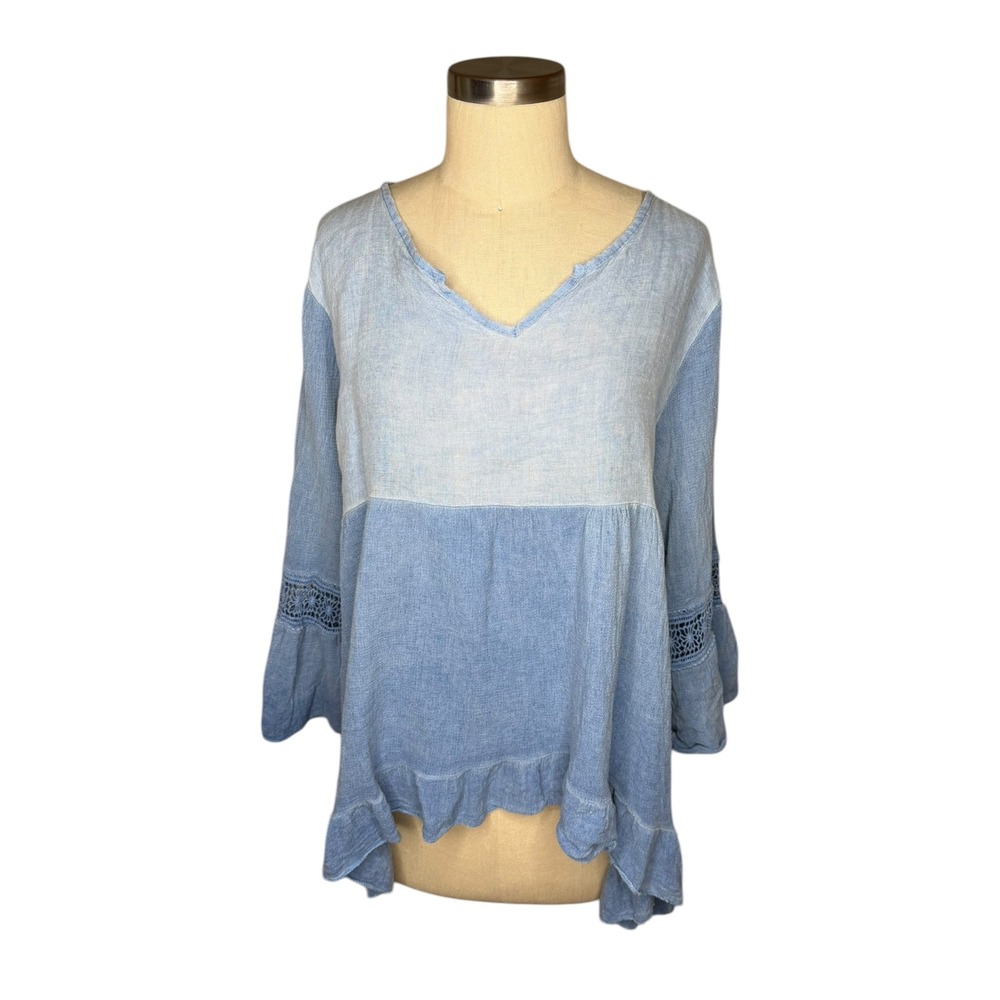 COLETTE Tunic Top Blue Linen‎ Blend Crochet Bell Sleeve Peplum Women's One Size